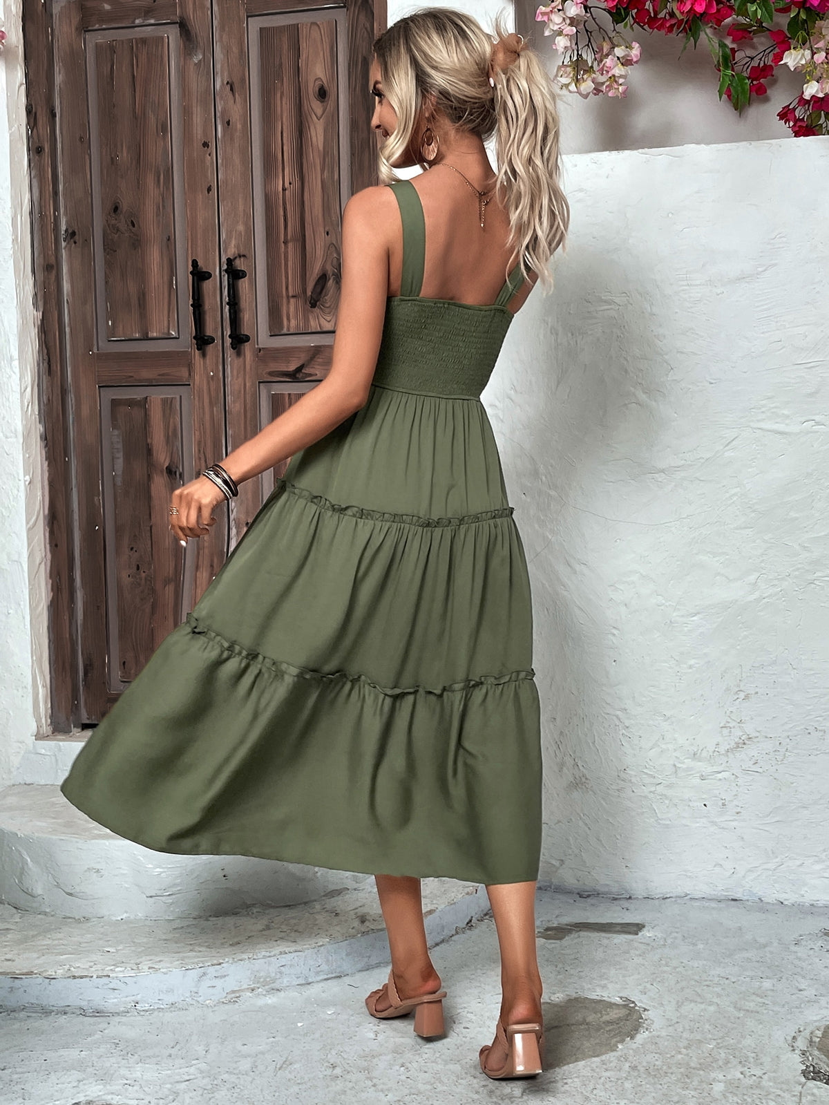 Shirred Bodice Cami Dress with Ruffled Hem