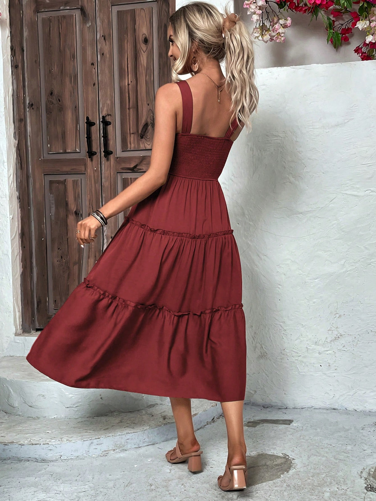 Shirred Bodice Cami Dress with Ruffled Hem