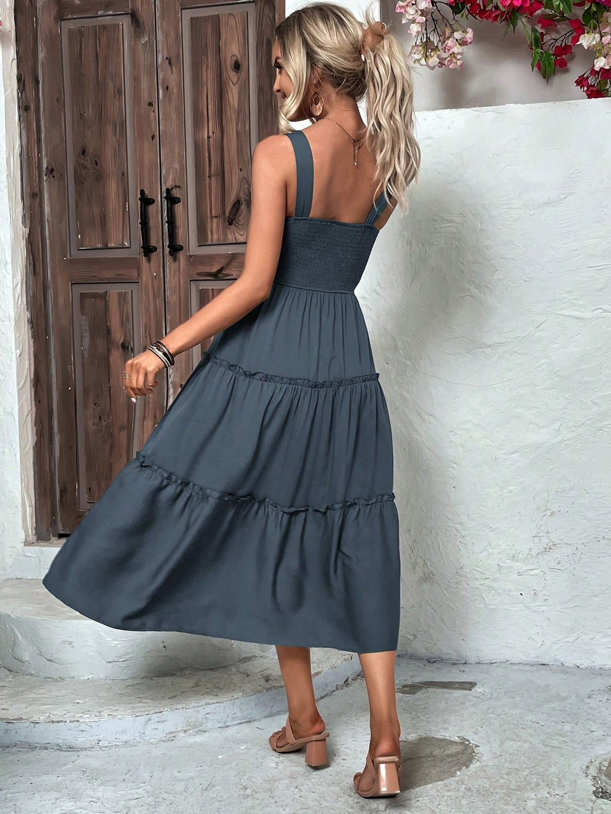 Shirred Bodice Cami Dress with Ruffled Hem