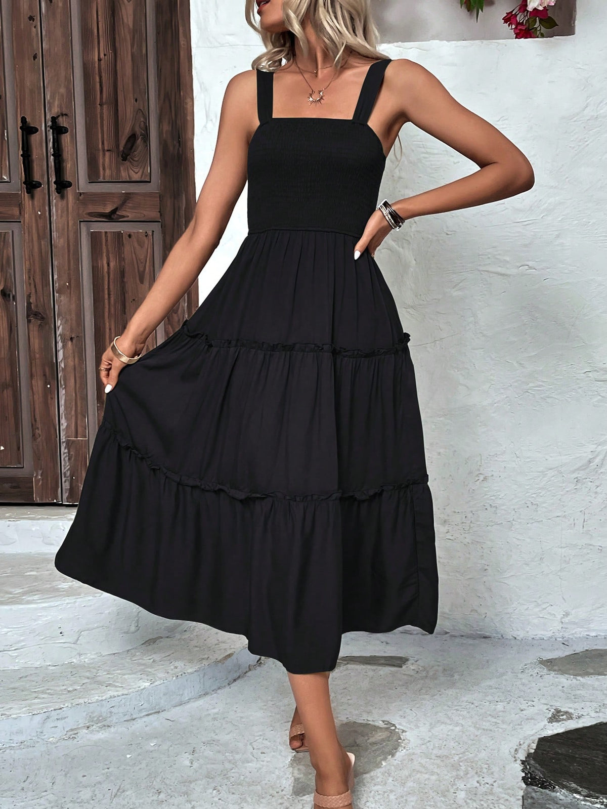 Shirred Bodice Cami Dress with Ruffled Hem