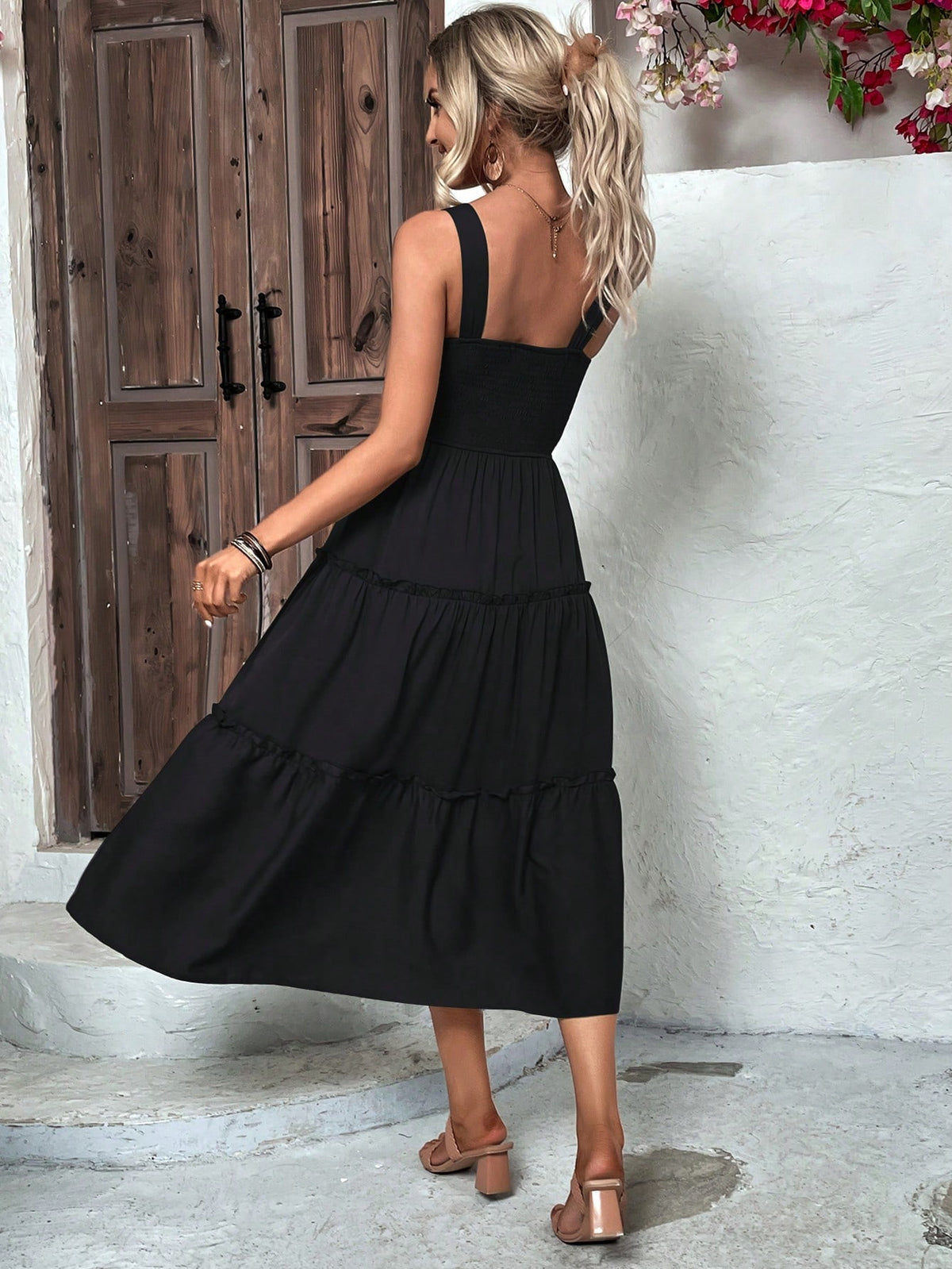 Shirred Bodice Cami Dress with Ruffled Hem