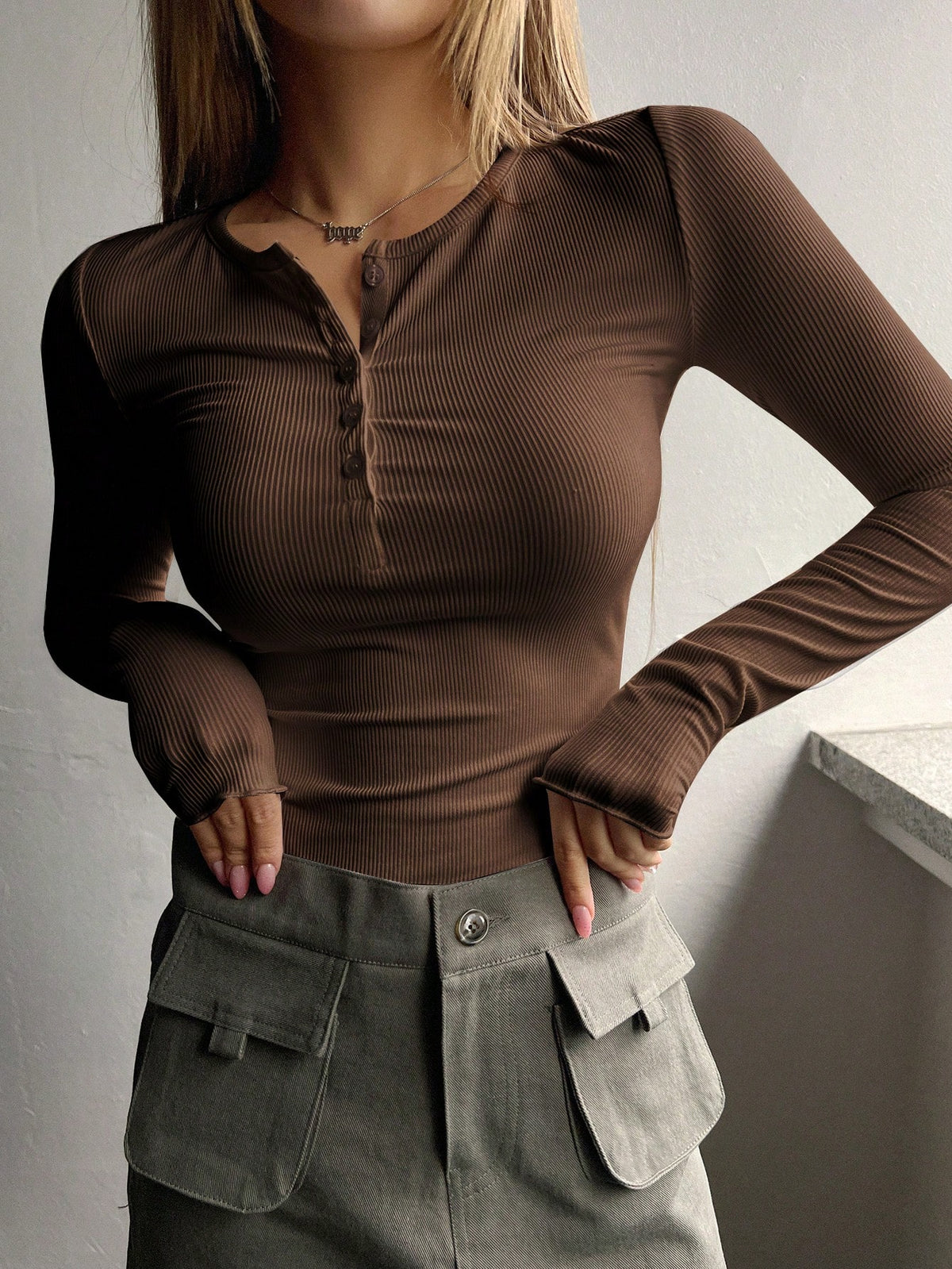 Ribbed Knit Tee with Half Button