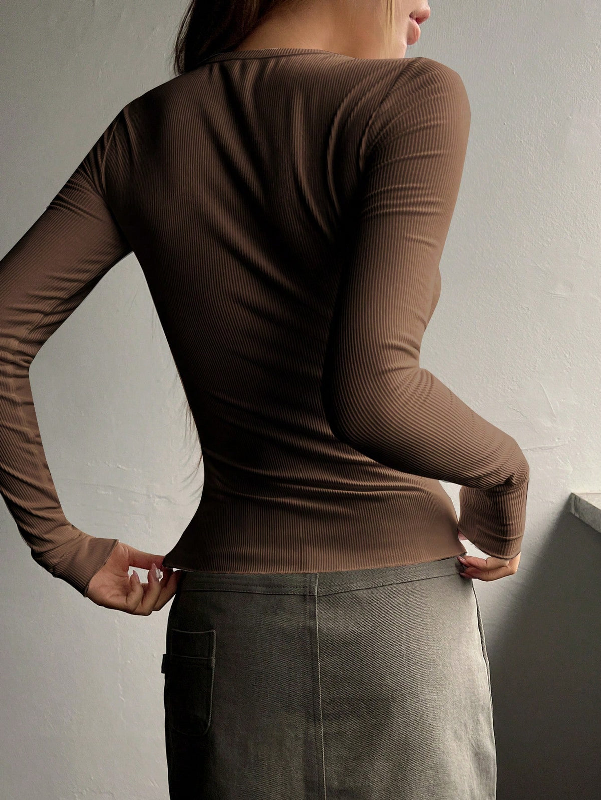 Ribbed Knit Tee with Half Button