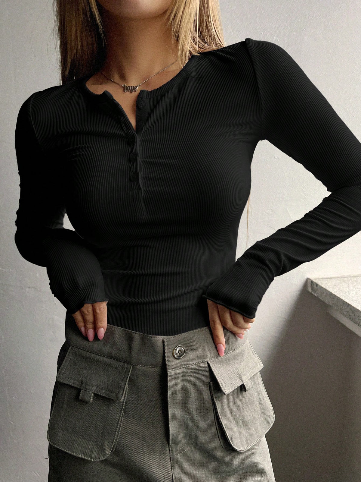 Ribbed Knit Tee with Half Button