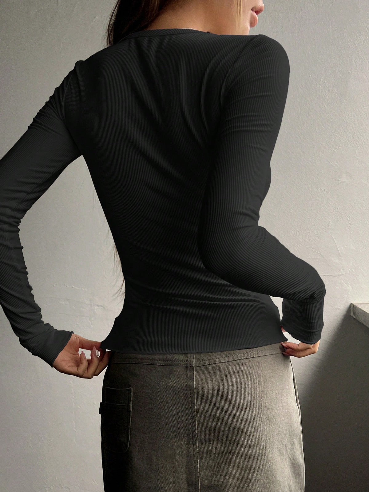Ribbed Knit Tee with Half Button