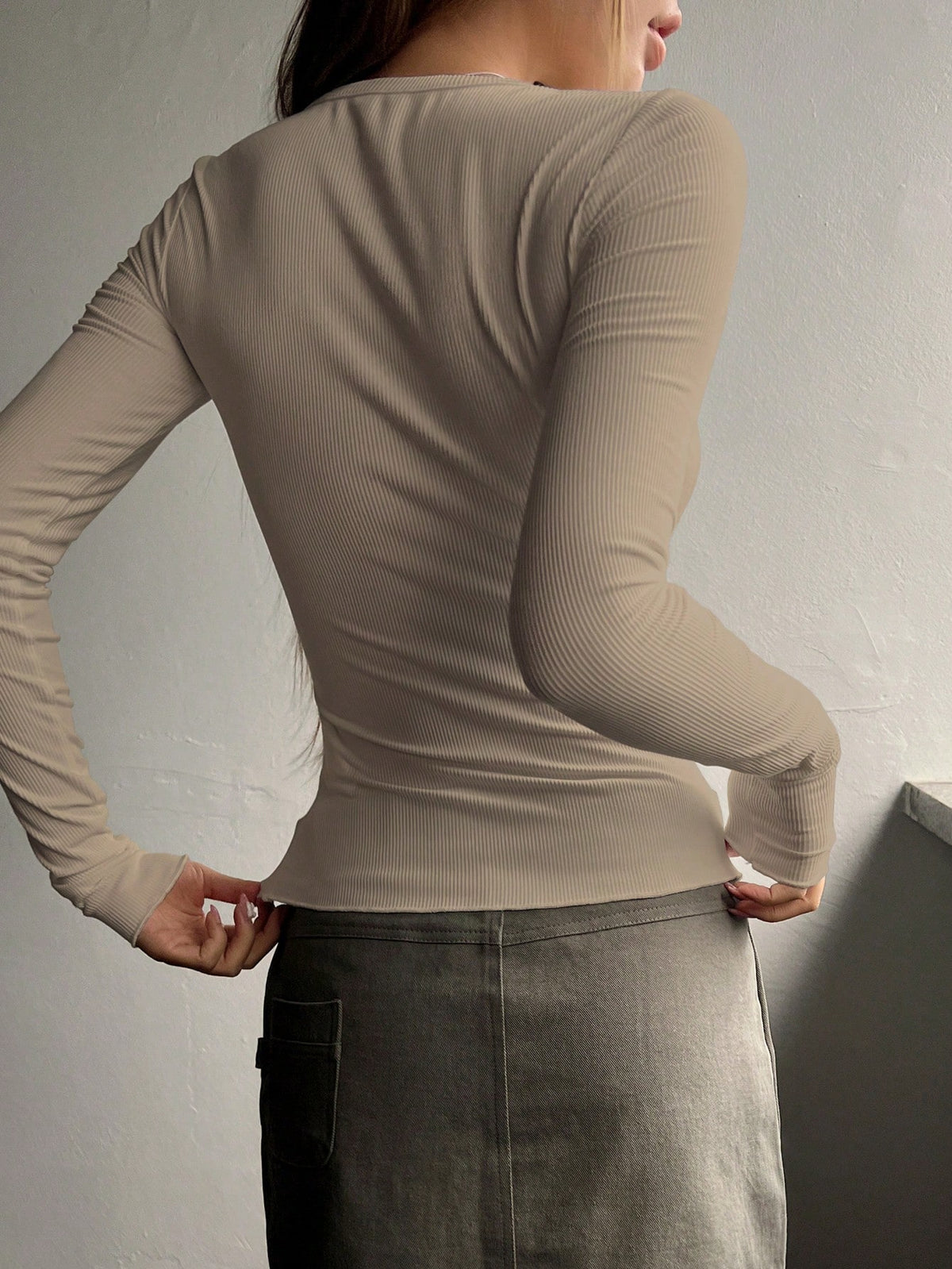 Ribbed Knit Tee with Half Button