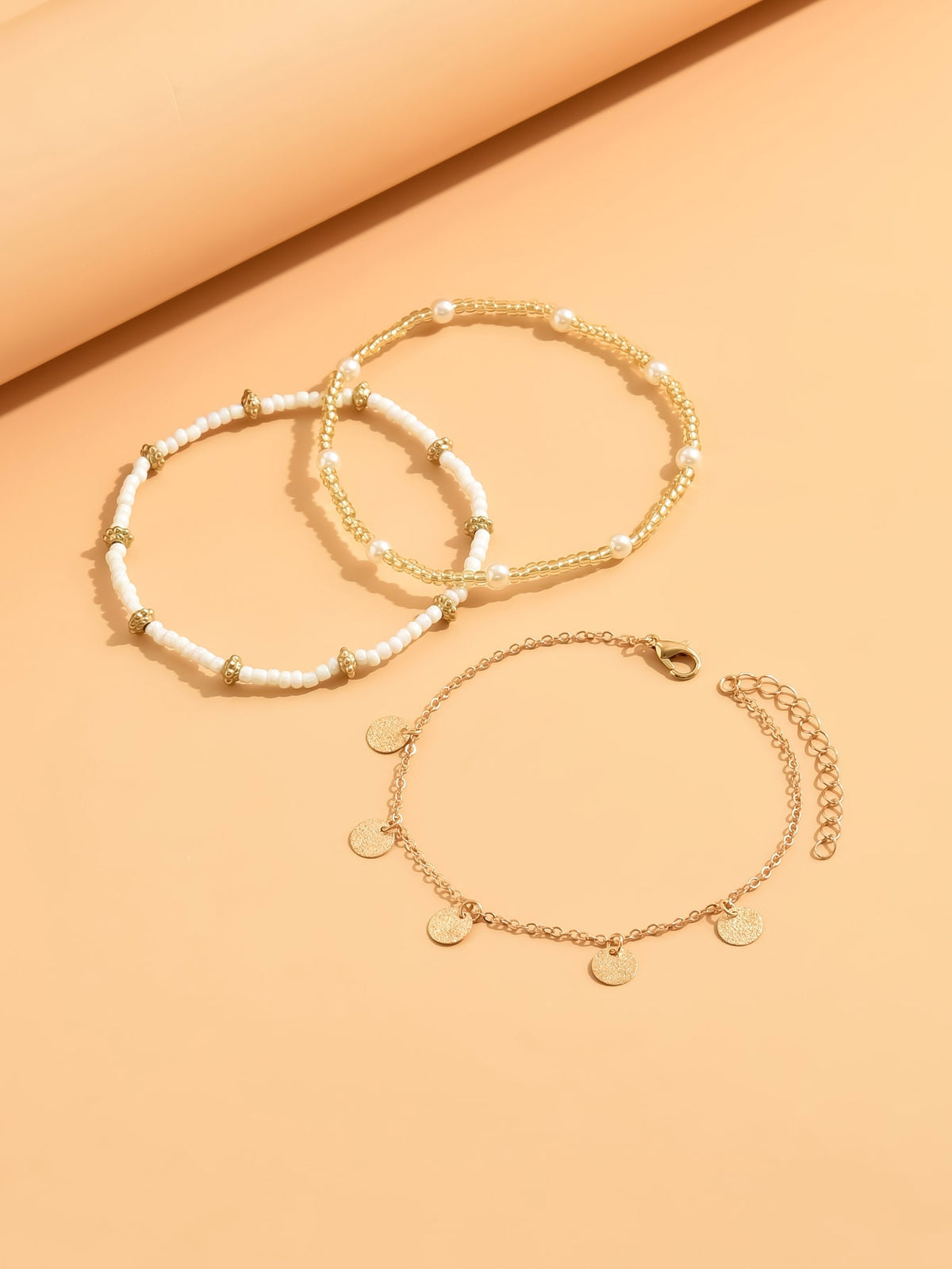 3pcs set Gold-tone Pendant Tassel Beaded Anklet