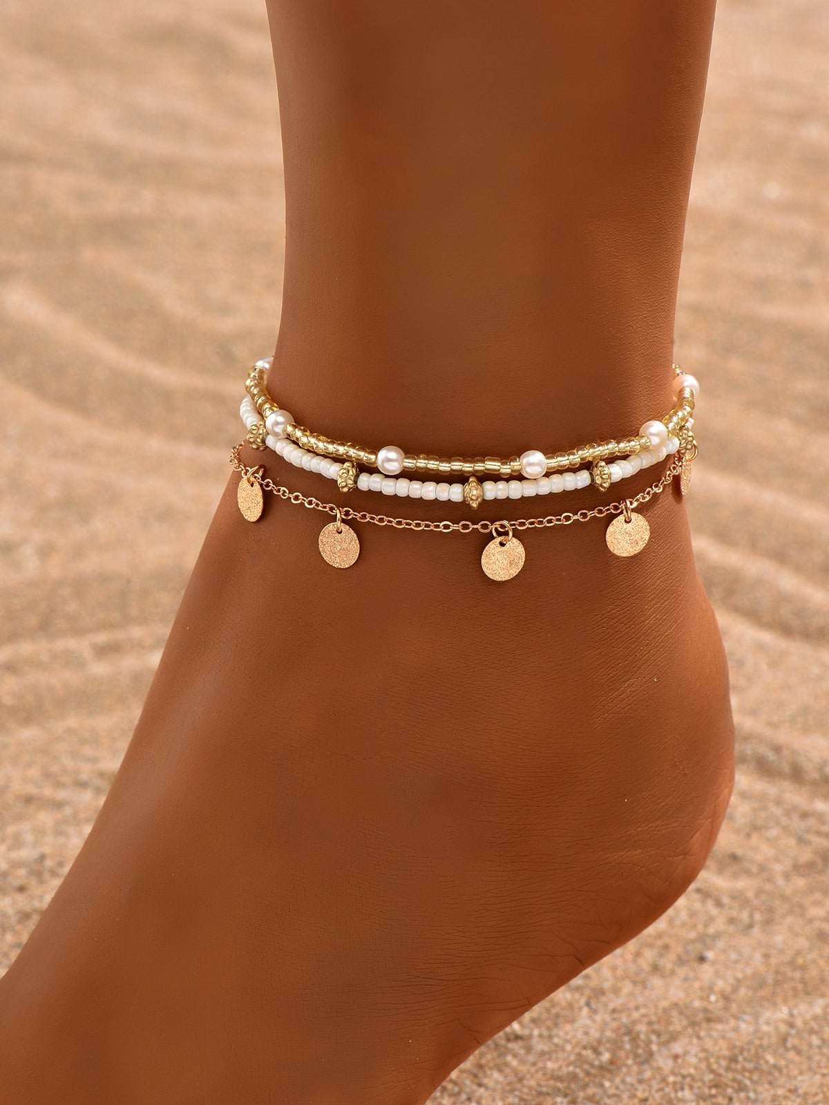 3pcs set Gold-tone Pendant Tassel Beaded Anklet