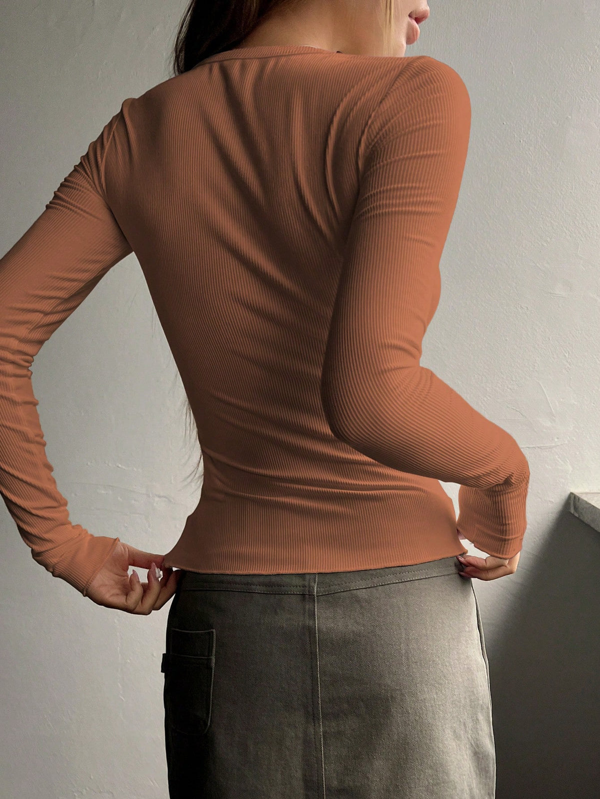 Ribbed Knit Tee with Half Button