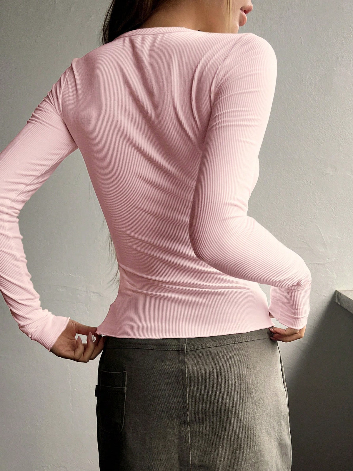 Ribbed Knit Tee with Half Button