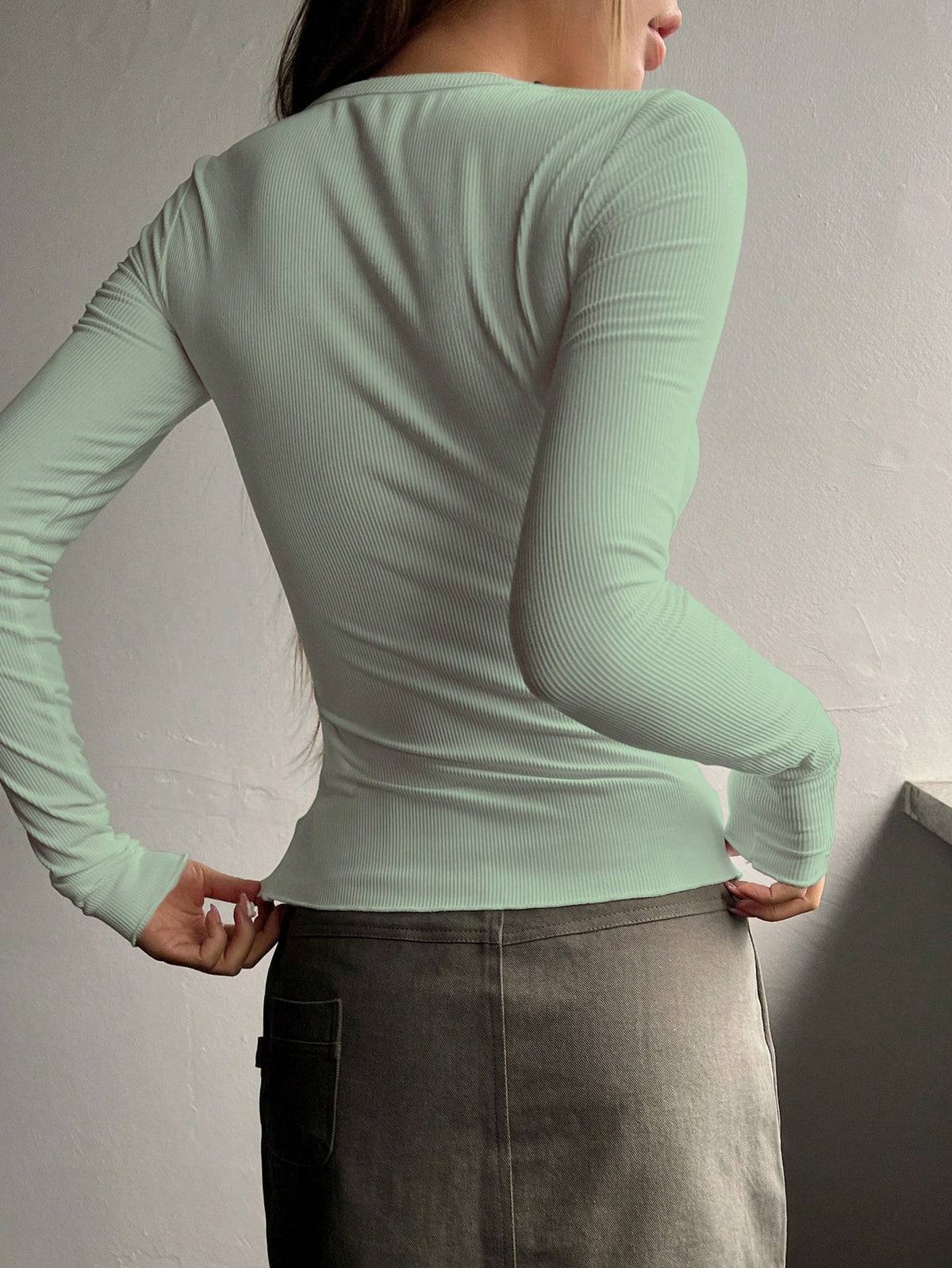 Ribbed Knit Tee with Half Button