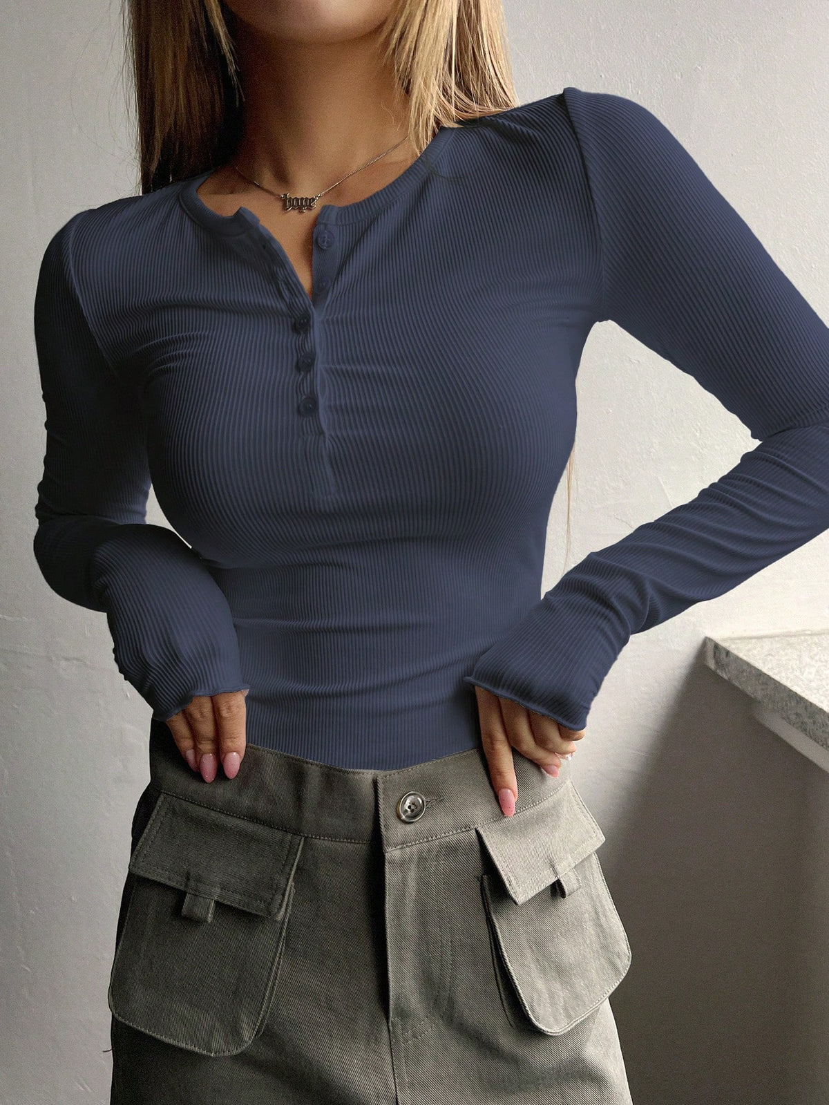 Ribbed Knit Tee with Half Button