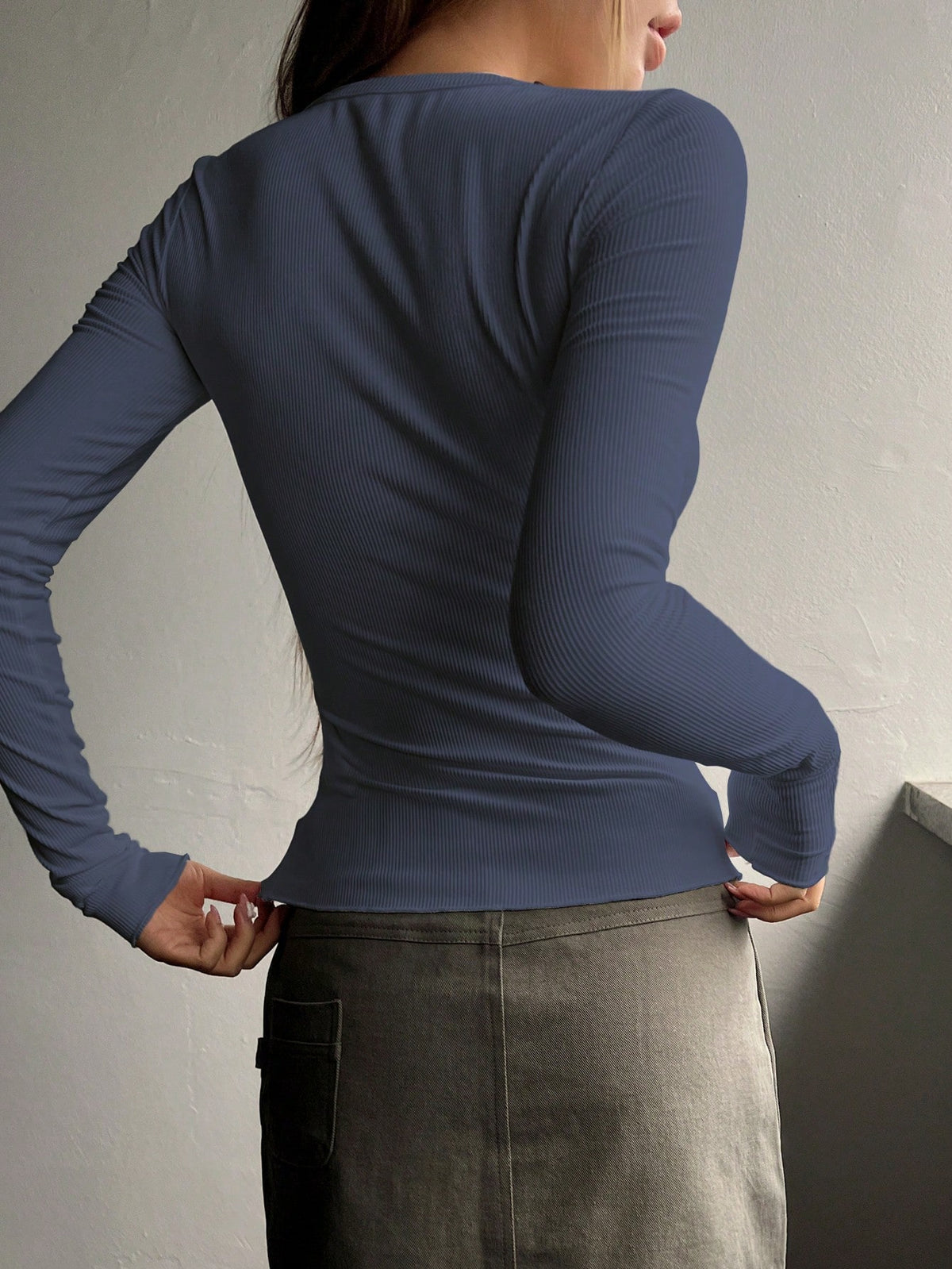 Ribbed Knit Tee with Half Button