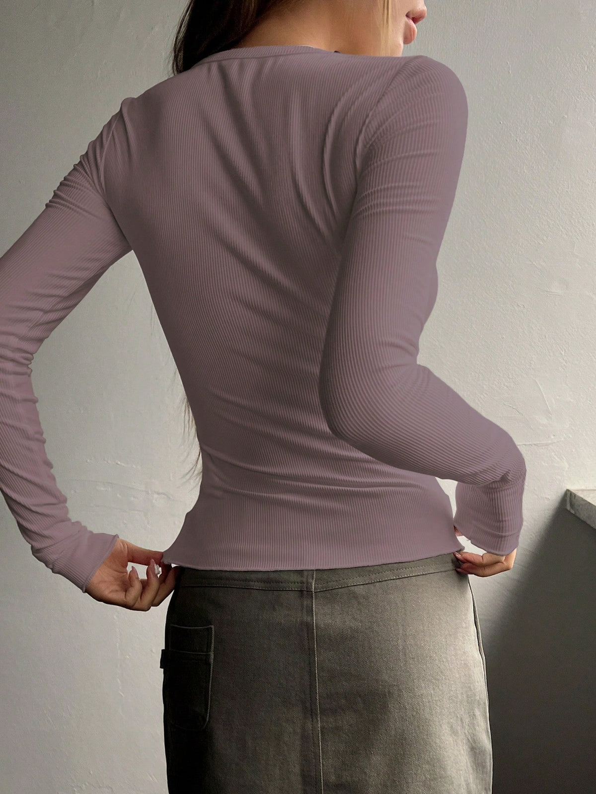 Ribbed Knit Tee with Half Button