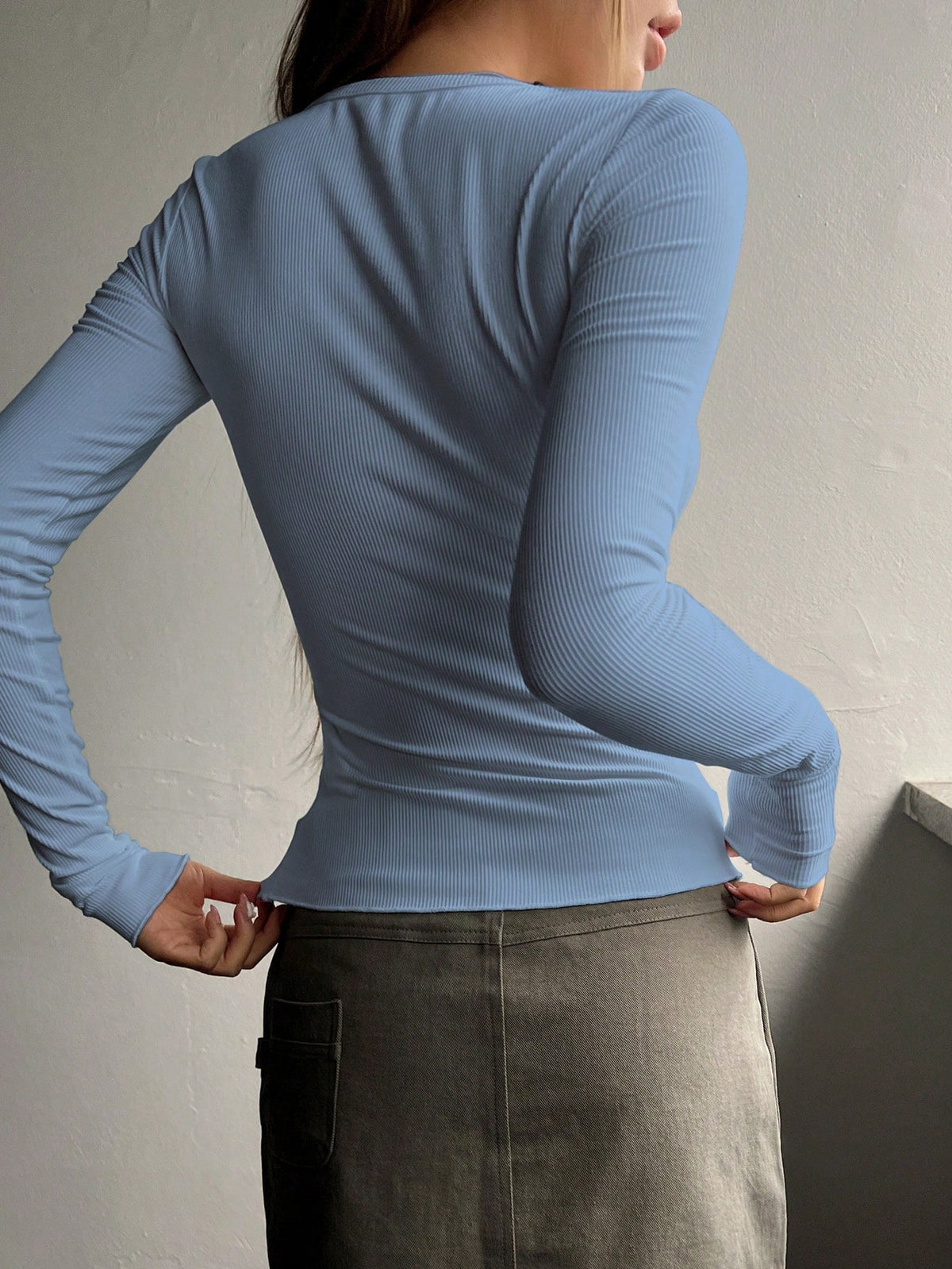 Ribbed Knit Tee with Half Button