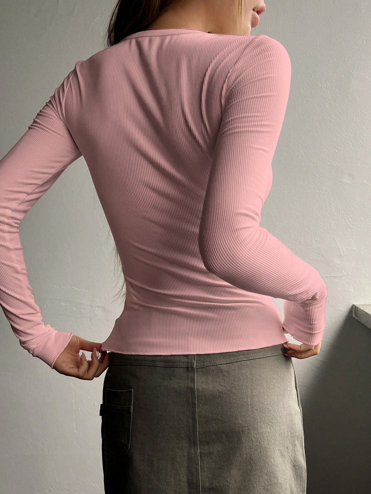 Ribbed Knit Tee with Half Button
