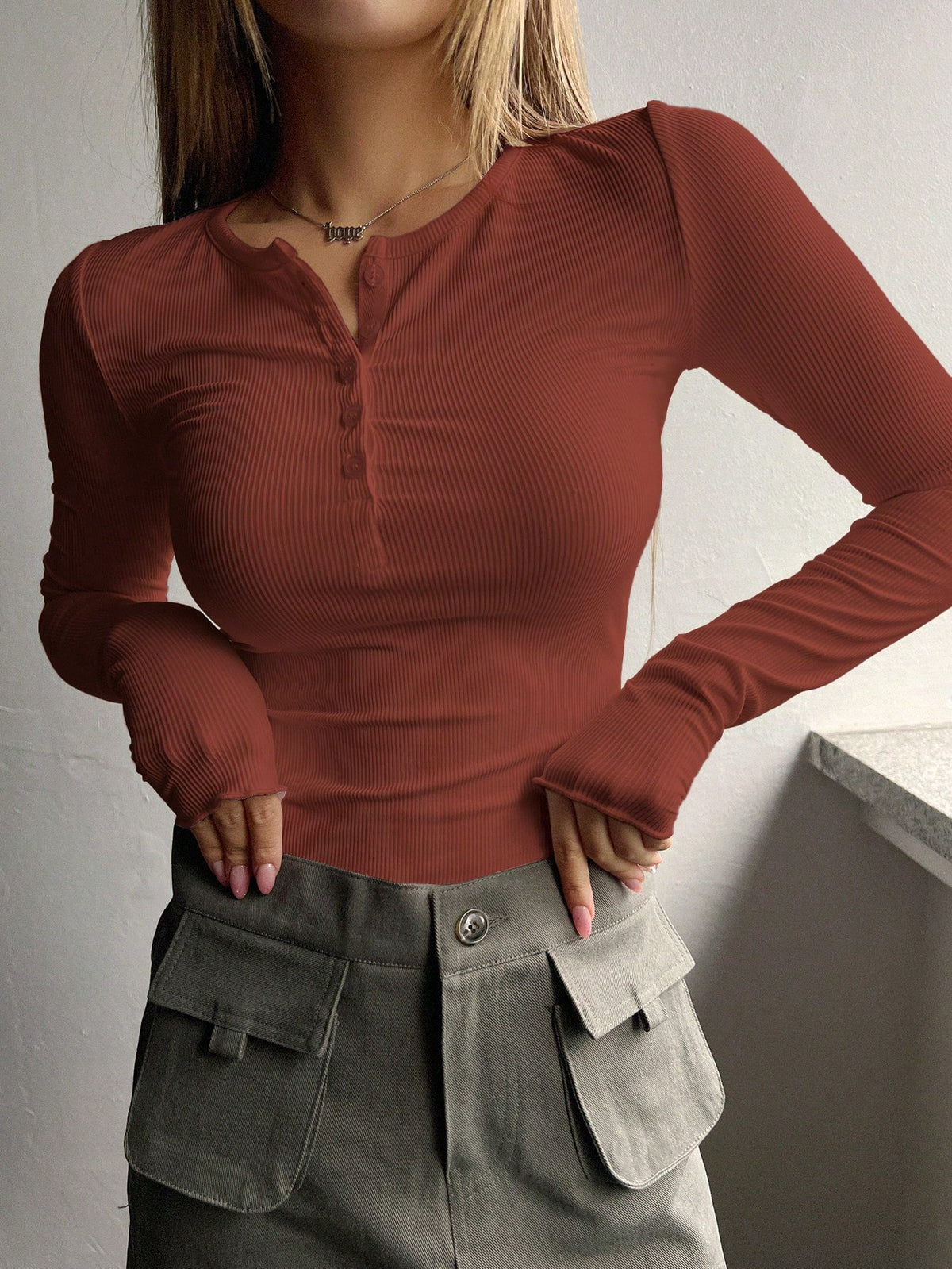 Ribbed Knit Tee with Half Button