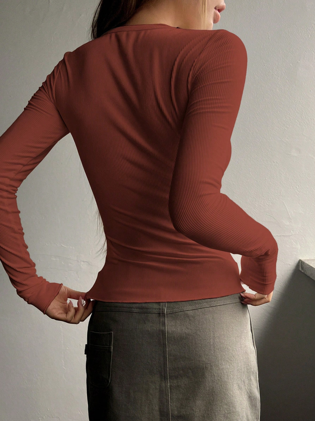Ribbed Knit Tee with Half Button