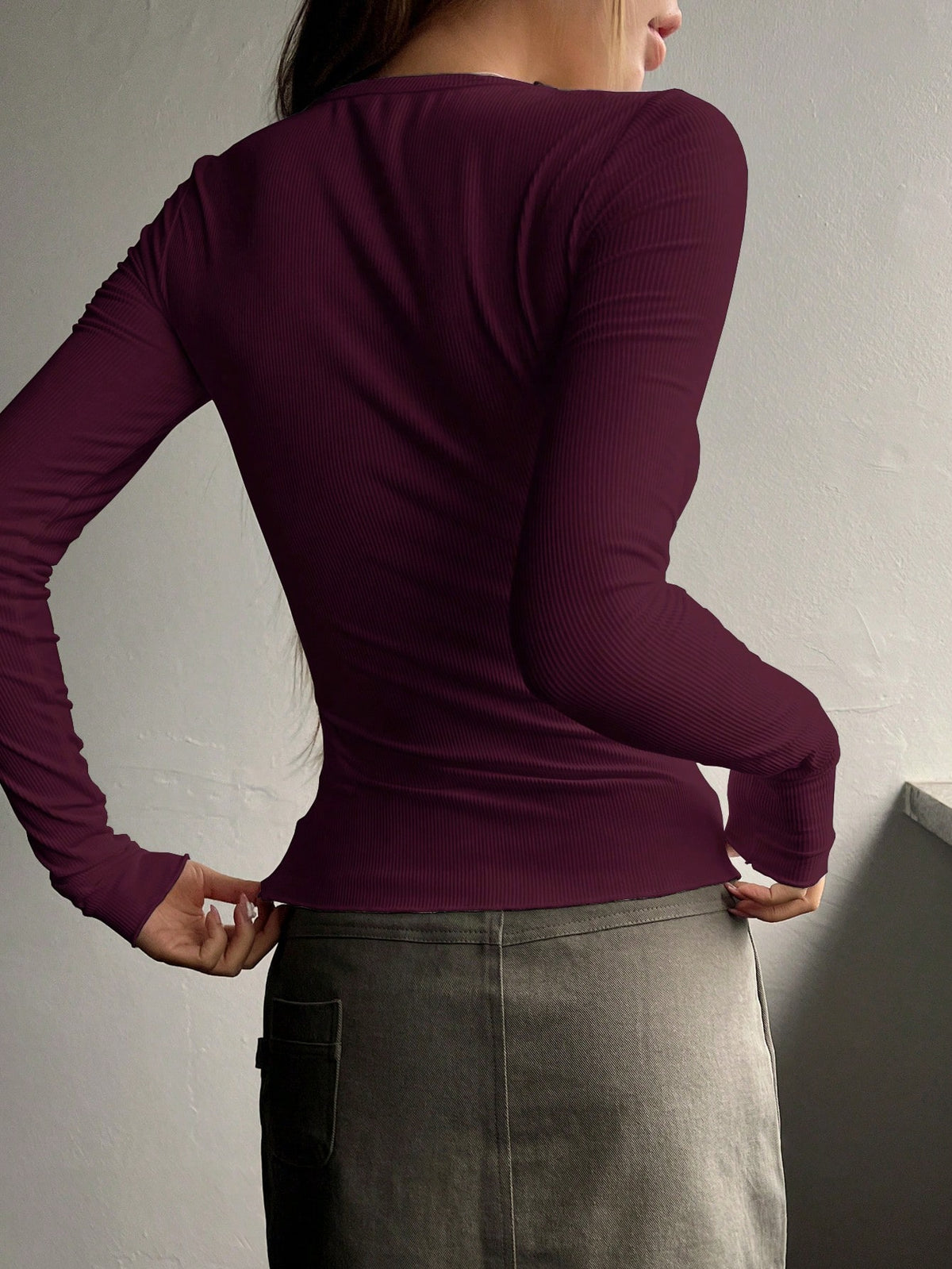 Ribbed Knit Tee with Half Button