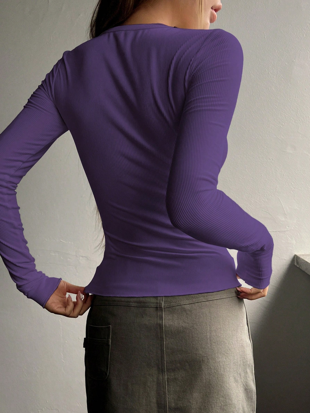 Ribbed Knit Tee with Half Button