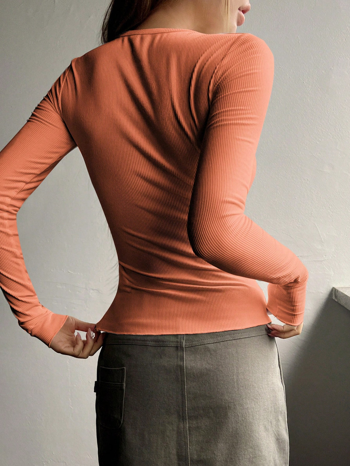 Ribbed Knit Tee with Half Button