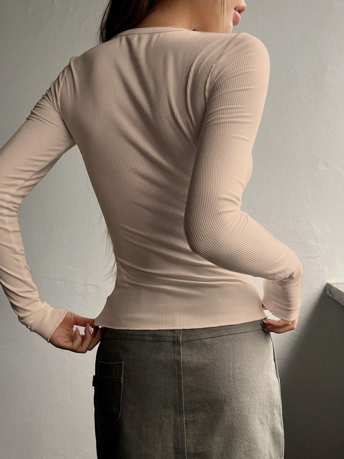 Ribbed Knit Tee with Half Button