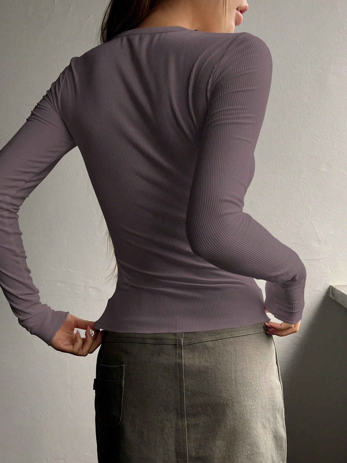 Ribbed Knit Tee with Half Button