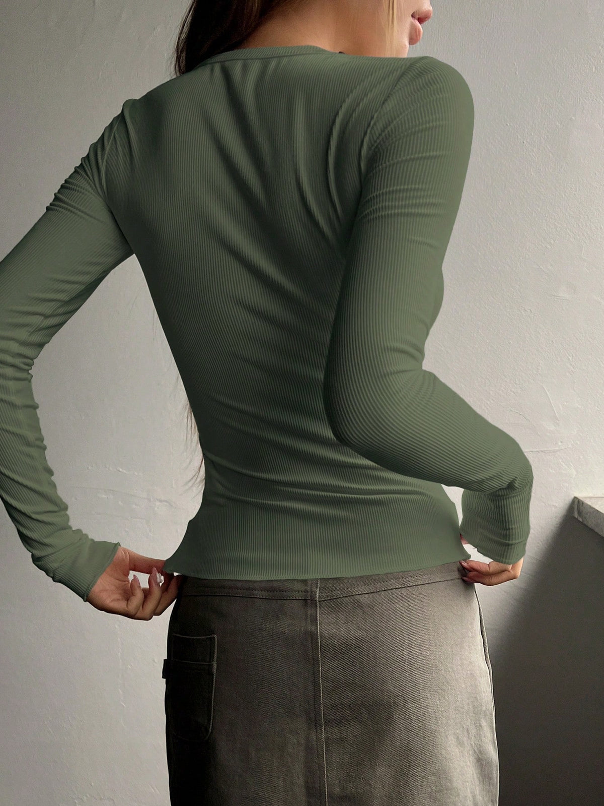 Ribbed Knit Tee with Half Button