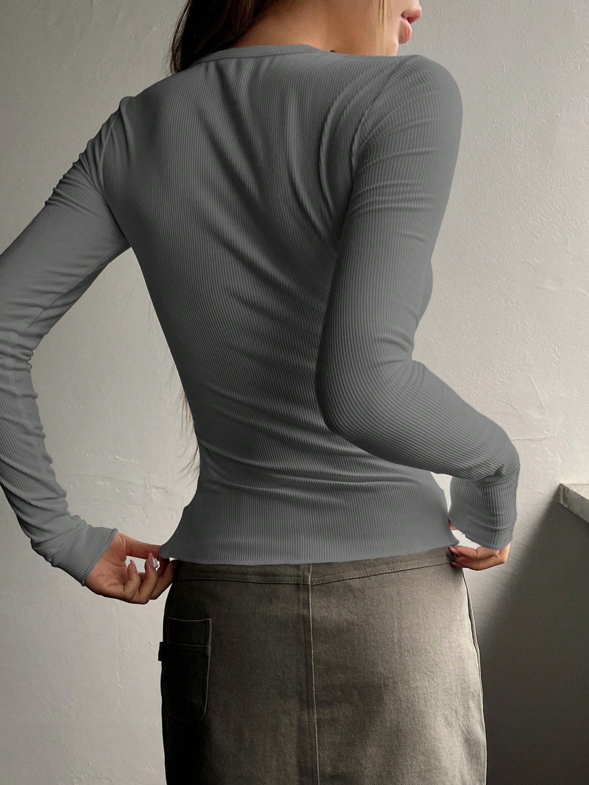 Ribbed Knit Tee with Half Button
