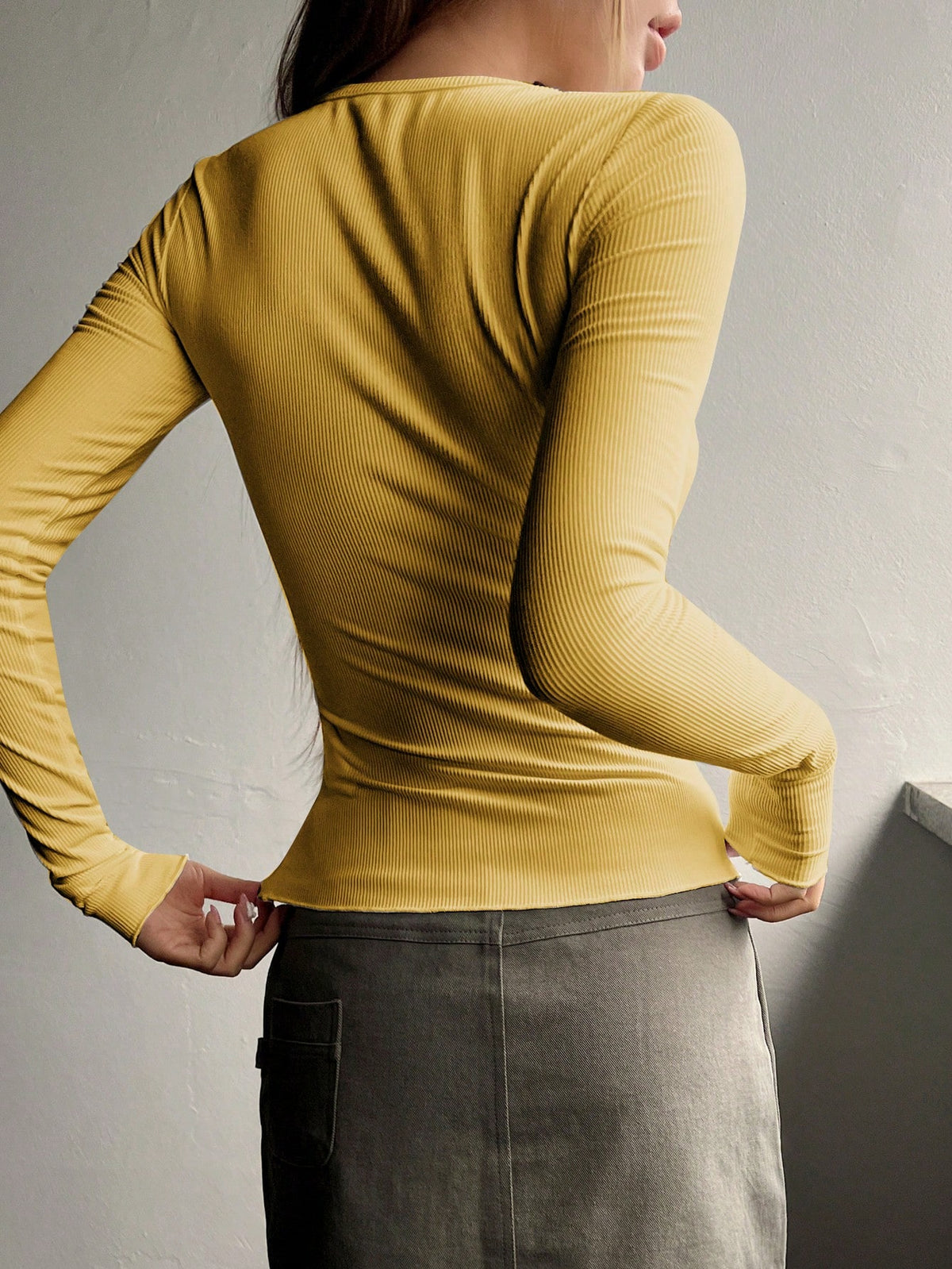 Ribbed Knit Tee with Half Button