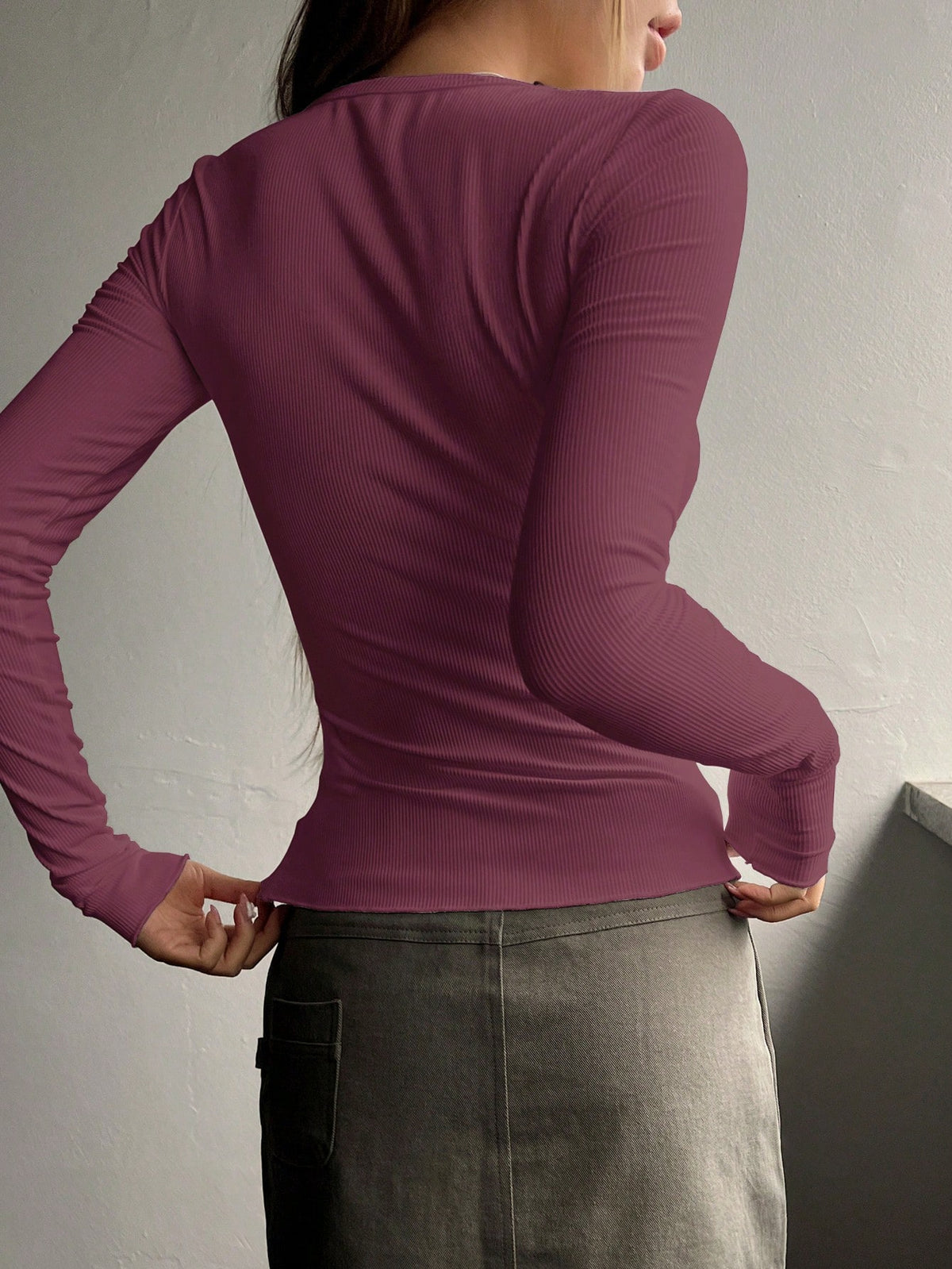 Ribbed Knit Tee with Half Button