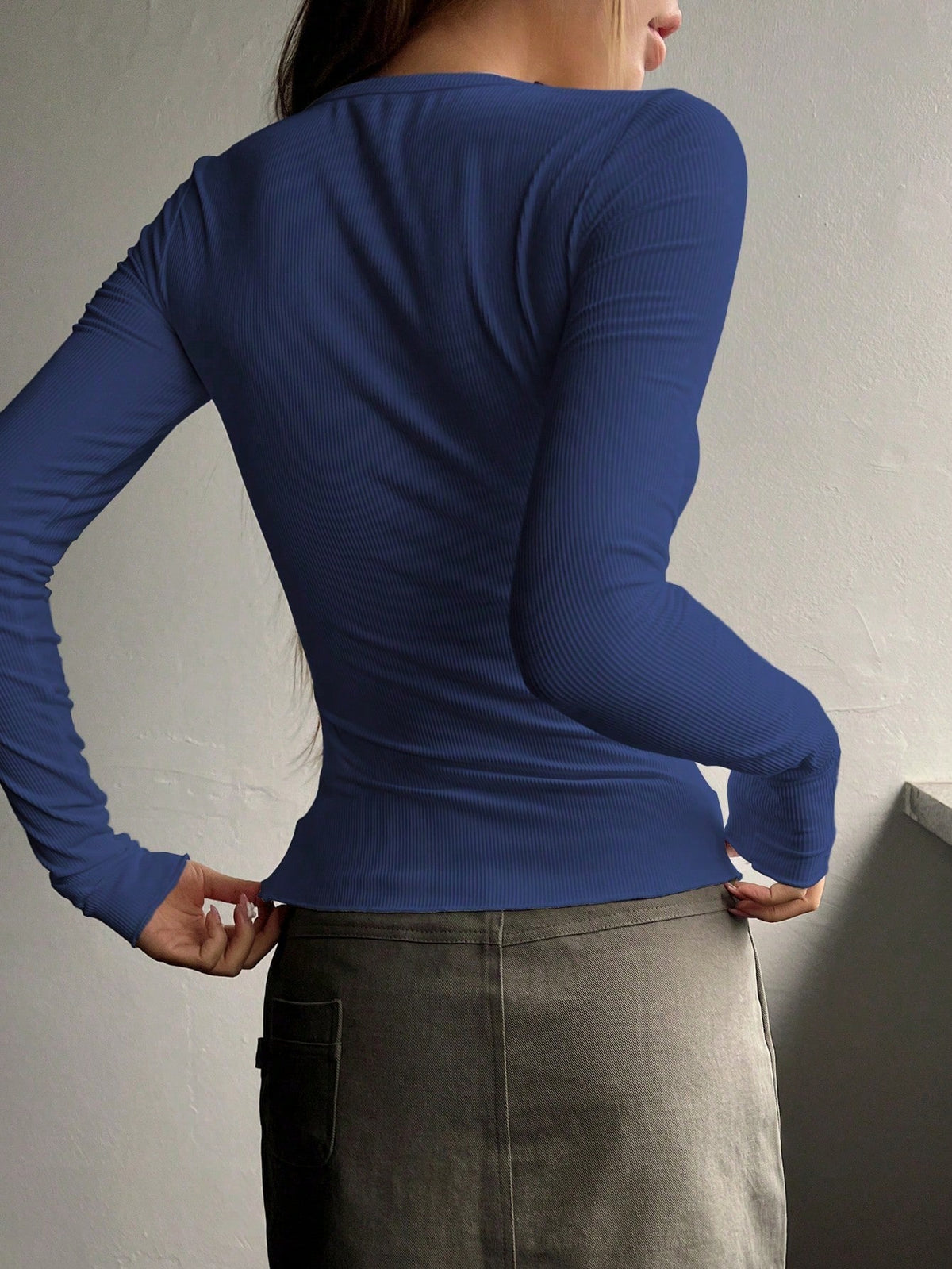 Ribbed Knit Tee with Half Button