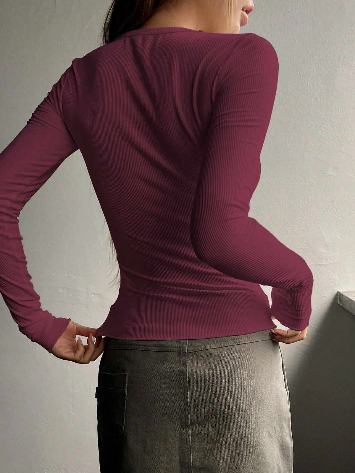 Ribbed Knit Tee with Half Button