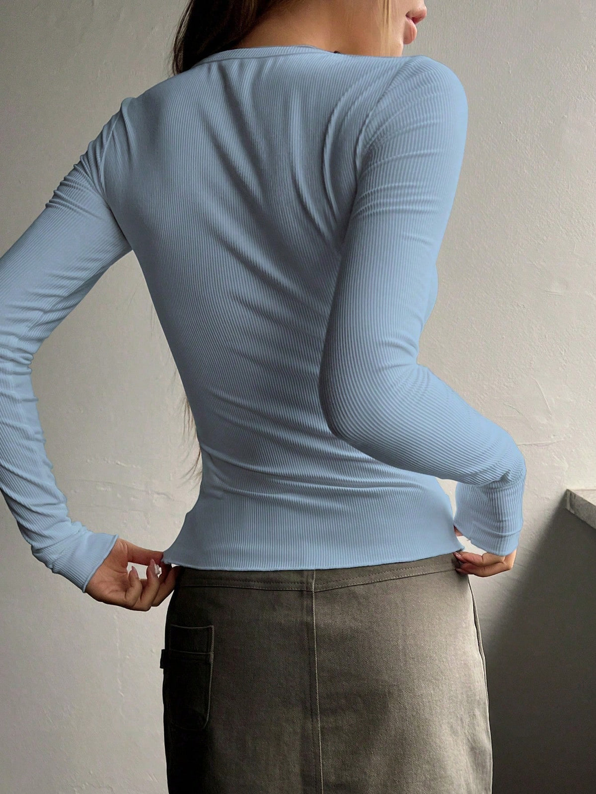 Ribbed Knit Tee with Half Button