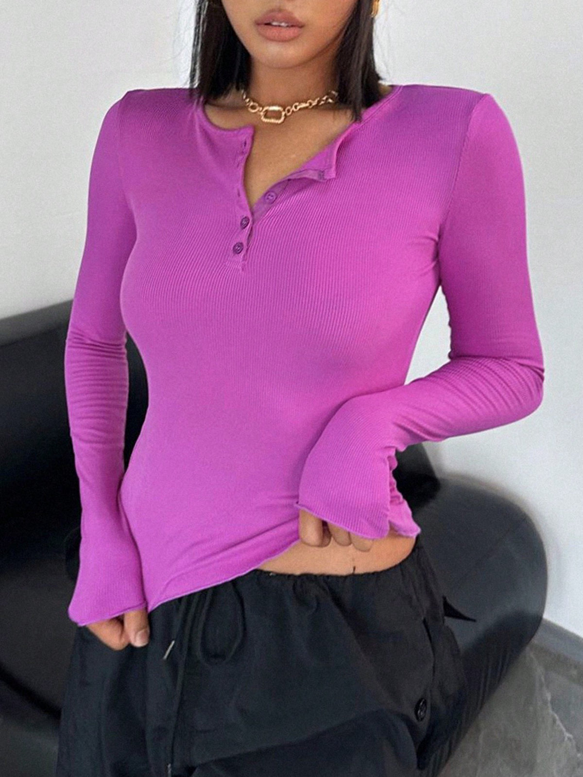 Ribbed Knit Tee with Half Button