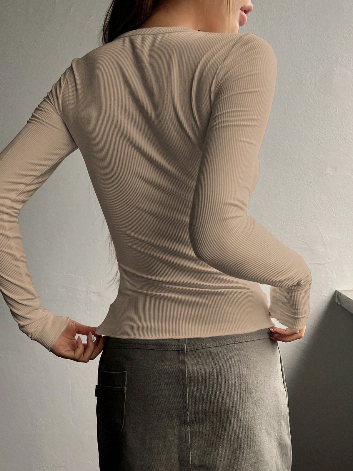Ribbed Knit Tee with Half Button