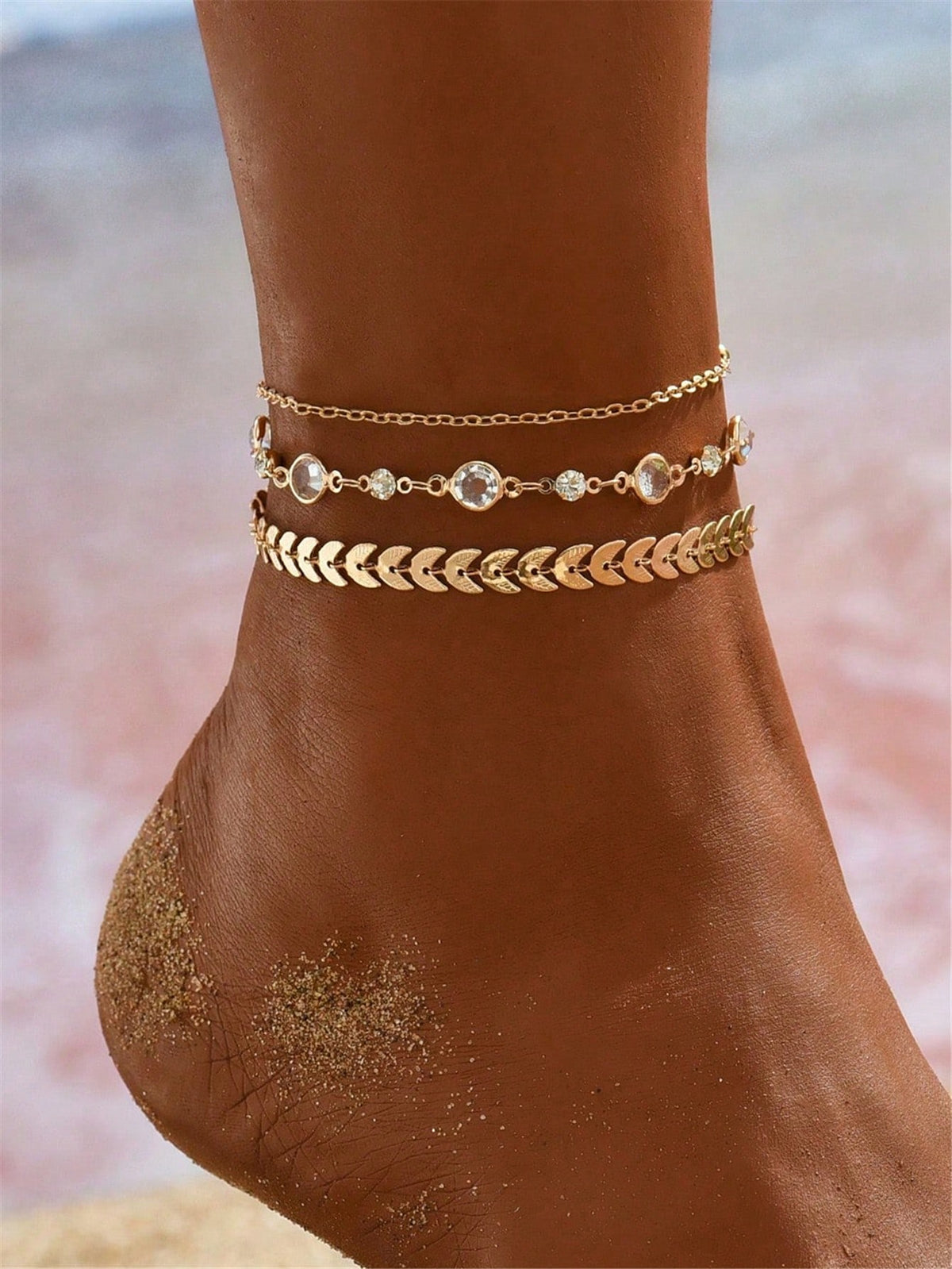 3pcs set Gold-tone Pendant Tassel Beaded Anklet