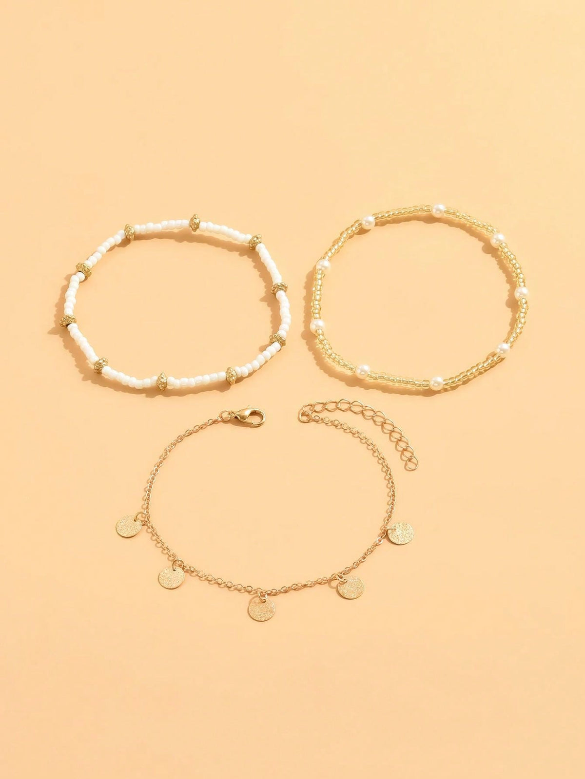 3pcs set Gold-tone Pendant Tassel Beaded Anklet