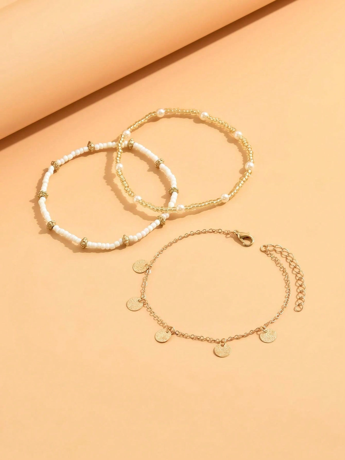 3pcs set Gold-tone Pendant Tassel Beaded Anklet