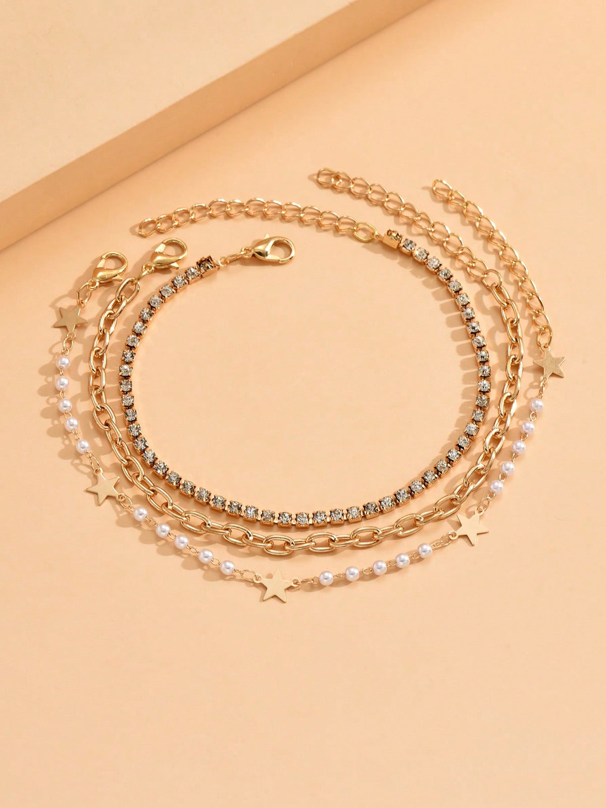 3pcs set Gold-tone Pendant Tassel Beaded Anklet
