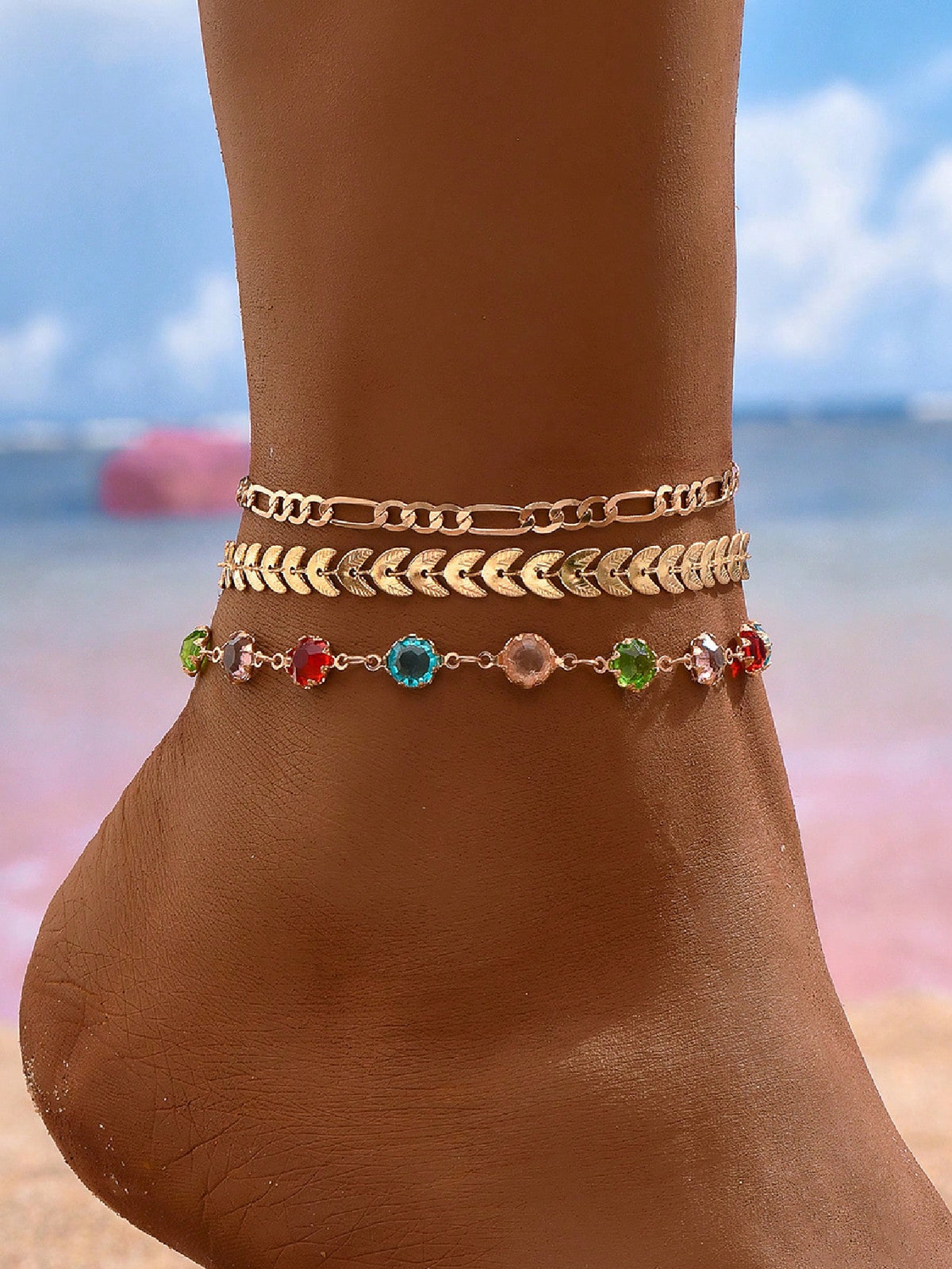 3pcs set Gold-tone Pendant Tassel Beaded Anklet