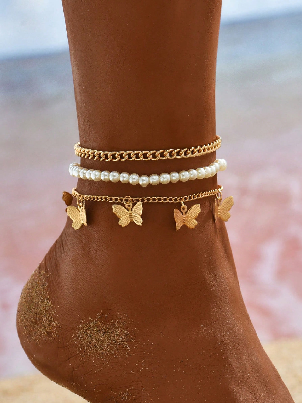 3pcs set Gold-tone Pendant Tassel Beaded Anklet