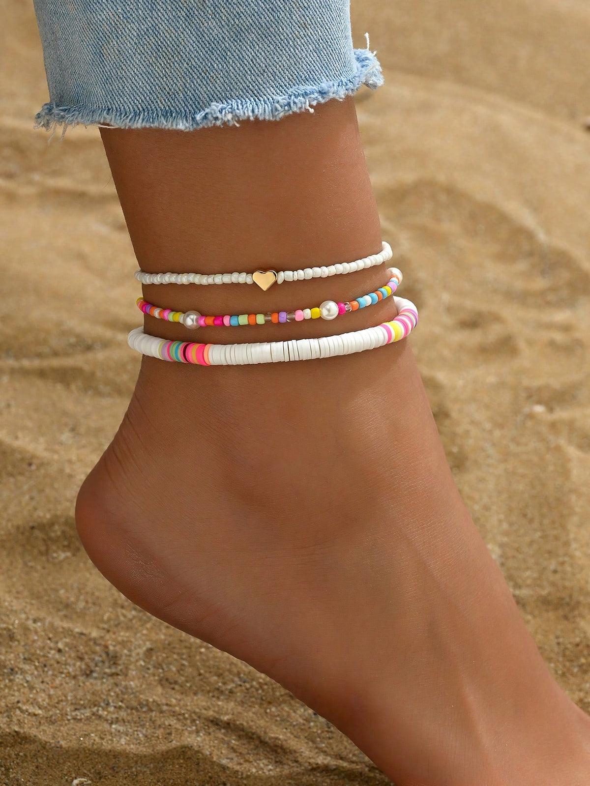 3pcs set Gold-tone Pendant Tassel Beaded Anklet