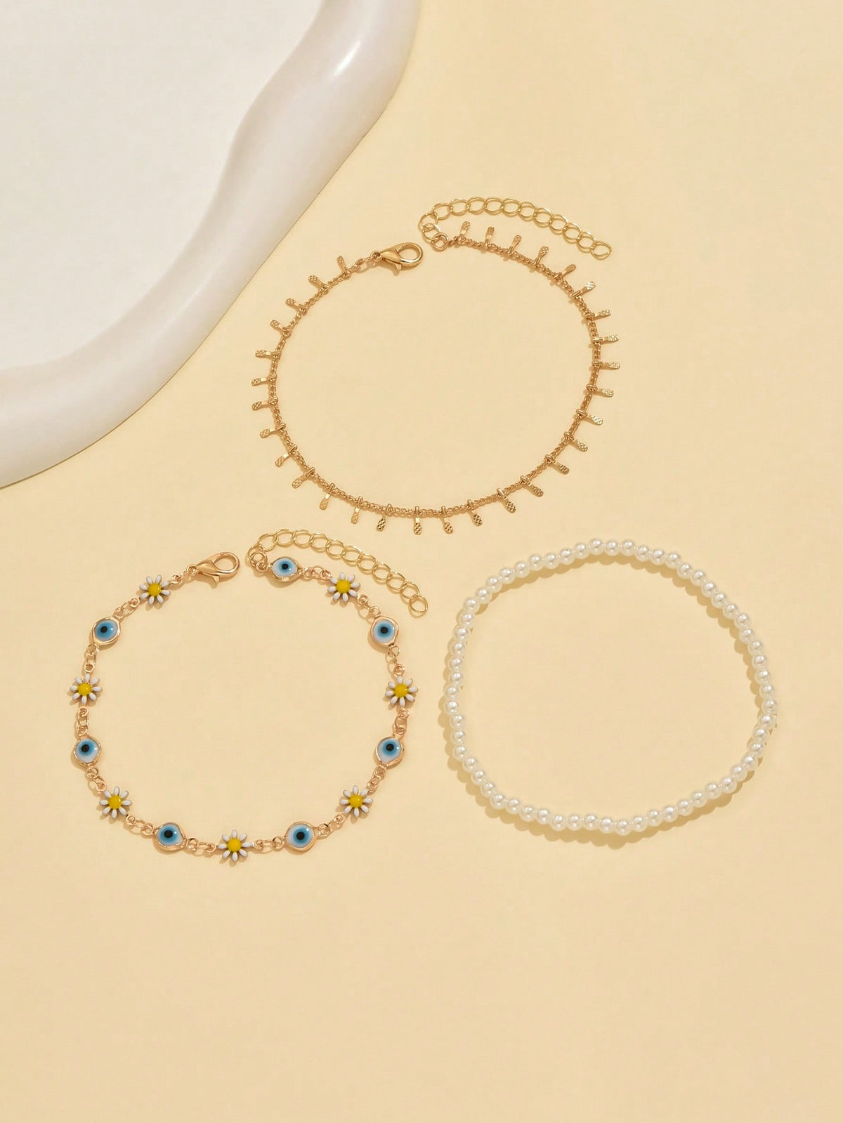 3pcs set Gold-tone Pendant Tassel Beaded Anklet