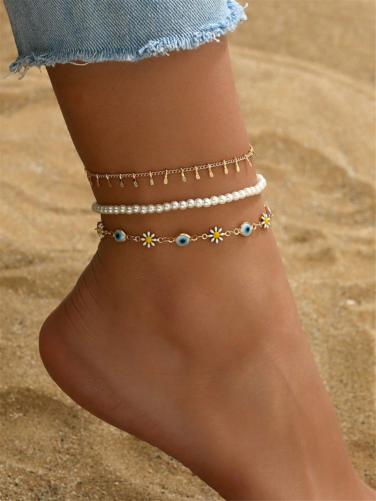 3pcs set Gold-tone Pendant Tassel Beaded Anklet