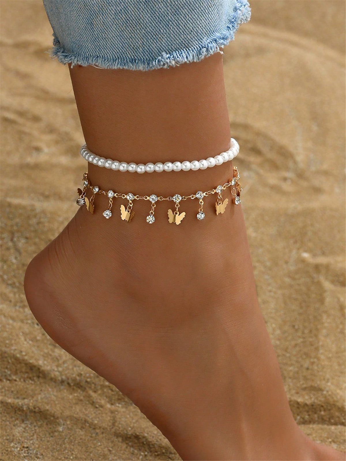 3pcs set Gold-tone Pendant Tassel Beaded Anklet
