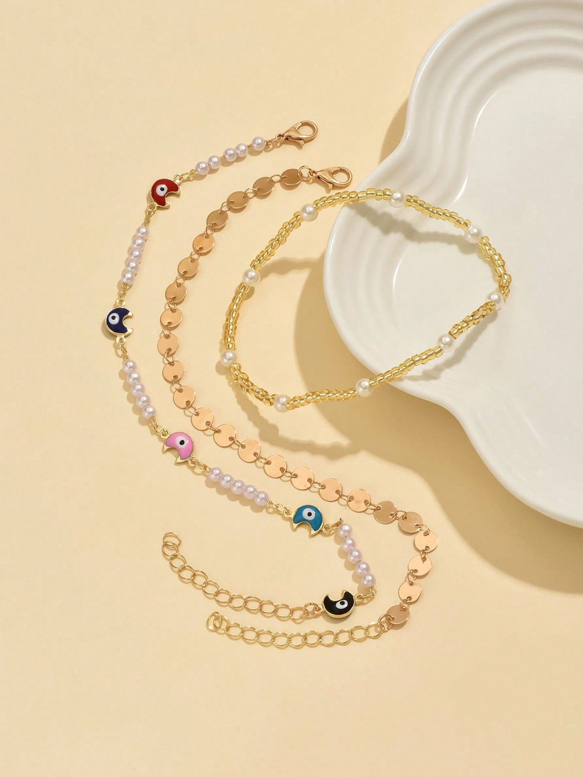 3pcs set Gold-tone Pendant Tassel Beaded Anklet