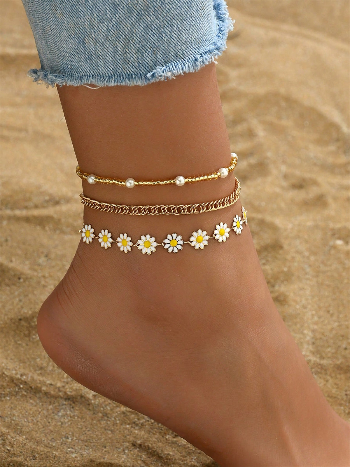 3pcs set Gold-tone Pendant Tassel Beaded Anklet