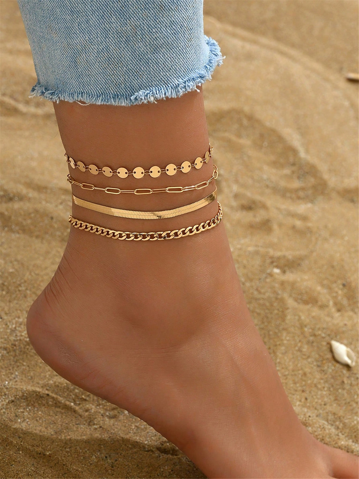 3pcs set Gold-tone Pendant Tassel Beaded Anklet