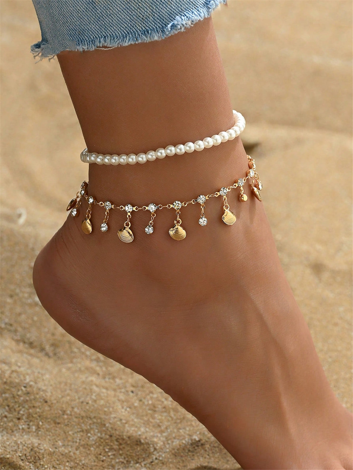 3pcs set Gold-tone Pendant Tassel Beaded Anklet
